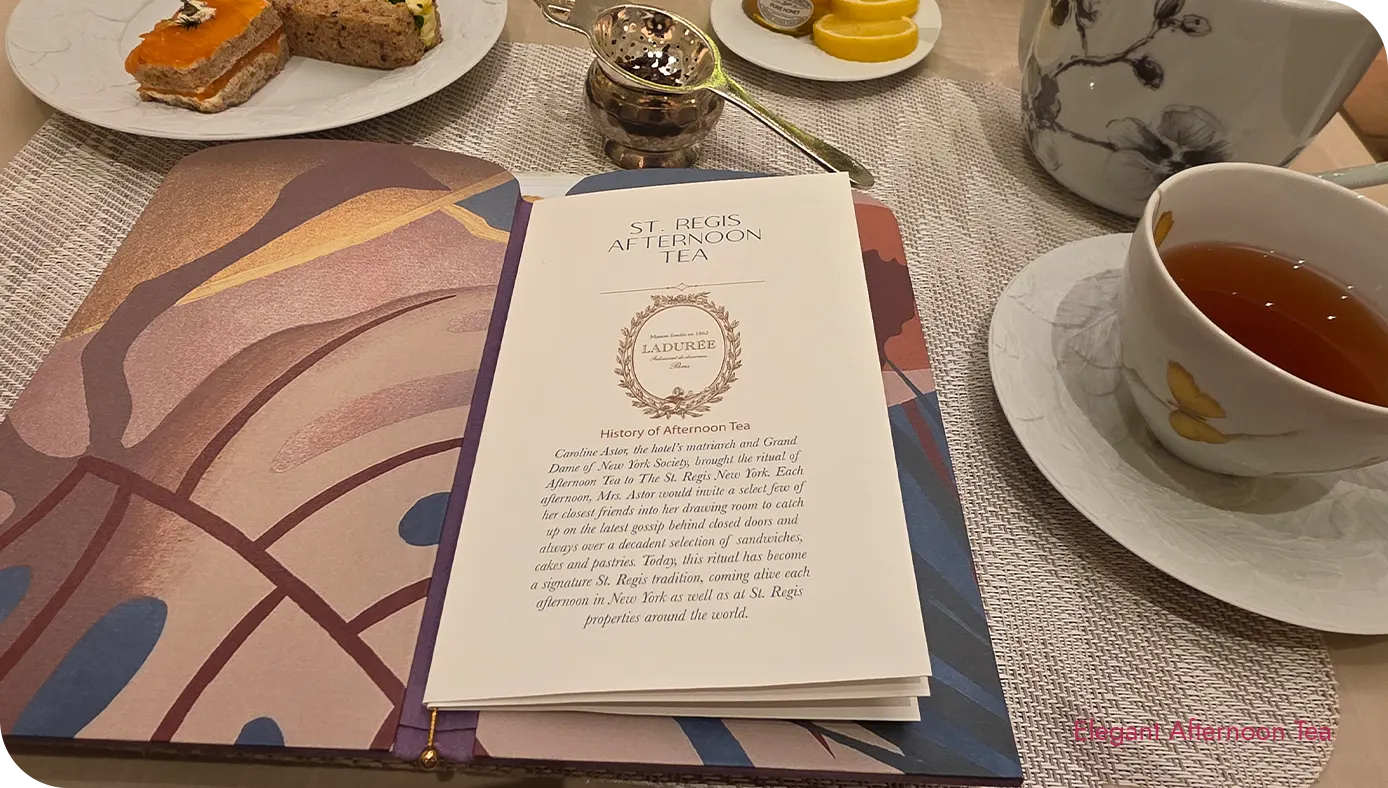 St. Regis afternoon tea menu showing Ladurée partnership and the history of afternoon tea