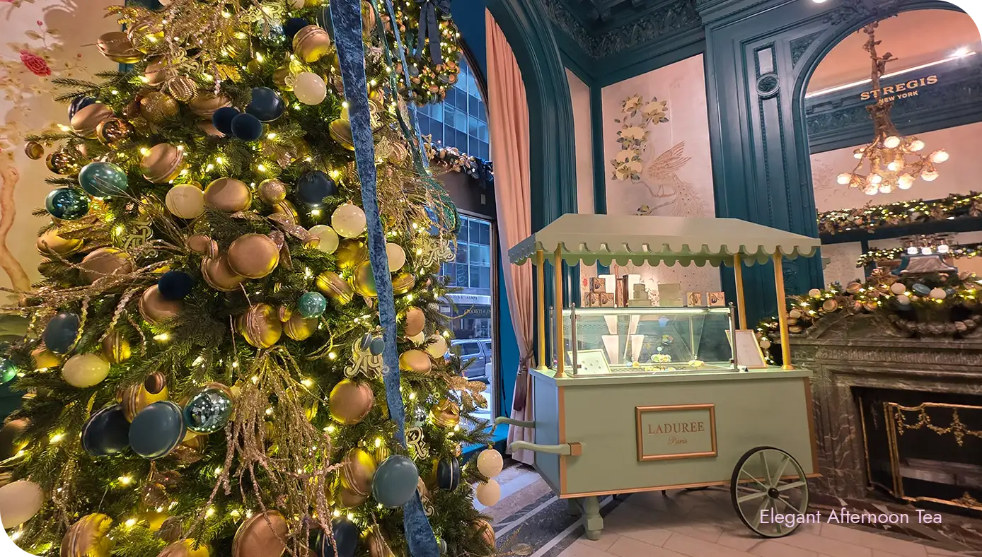 Holiday décor and Ladurée cart display at The St. Regis New York