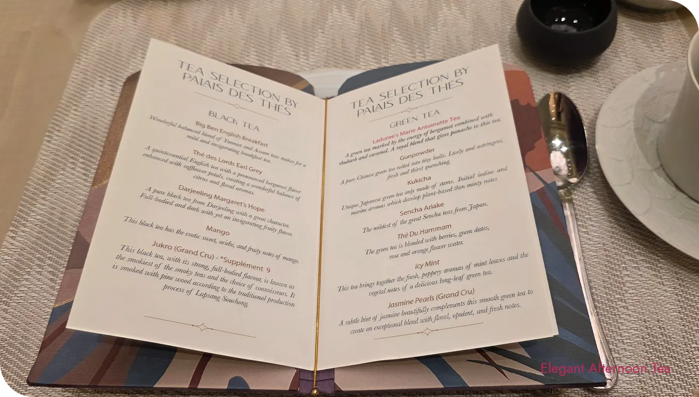 Additional tea selection page by Palais des Thés at St. Regis New York afternoon tea