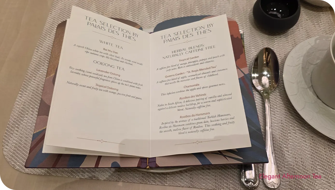 Tea selection menu by Palais des Thés at St. Regis New York afternoon tea