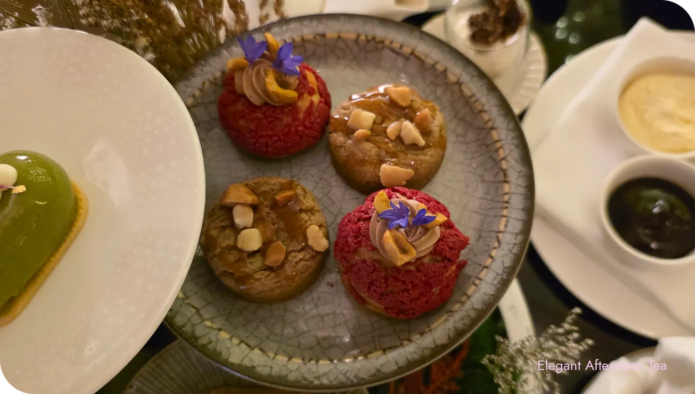 Macadamia Dulcey Cookie and Houjicha Hazelnut Choux served at Yoshoku Afternoon Tea